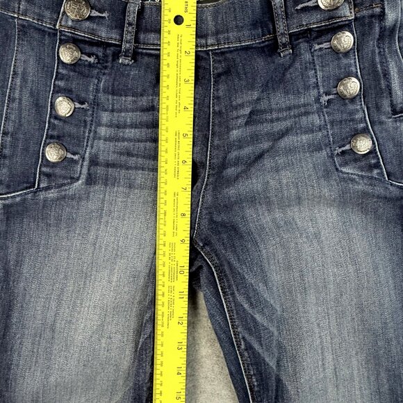 EXPRESS Bell Flare Mid Rise Blue Jeans Size 4 Nautical Button Stretch Denim - Picture 10 of 13
